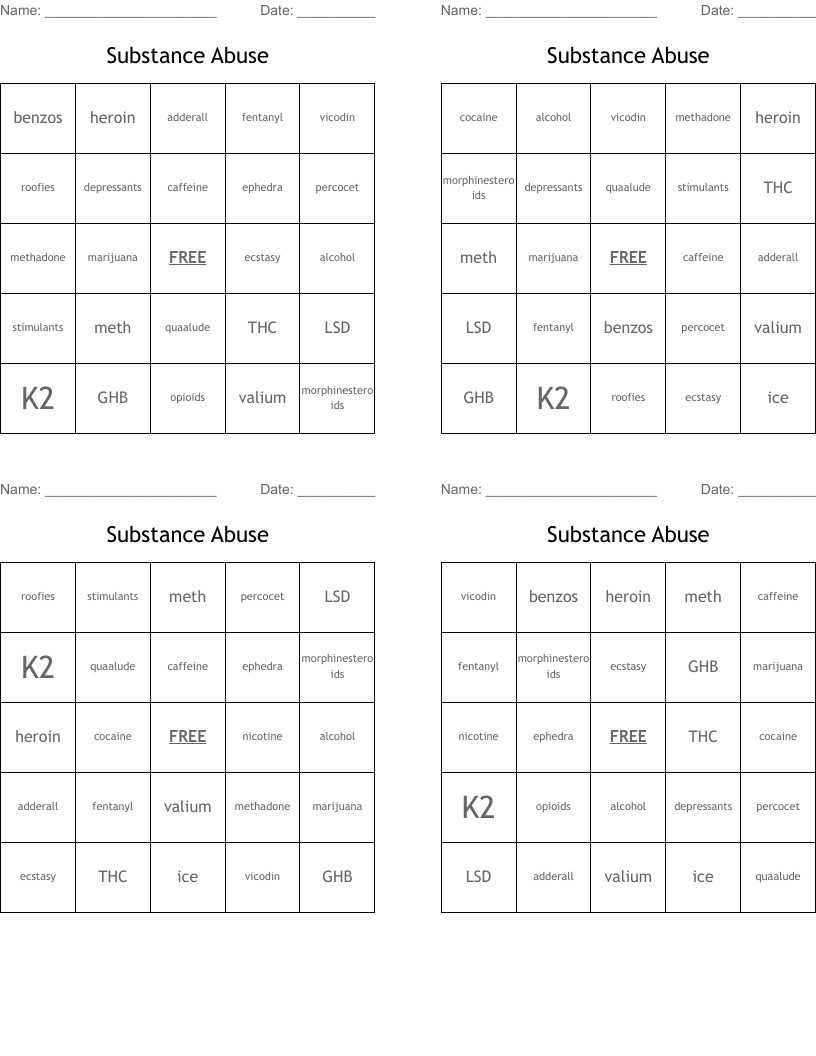 Substance Abuse  Bingo Cards
