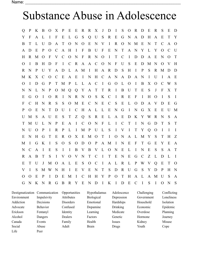 Substance Abuse in Adolescence  Word Search
