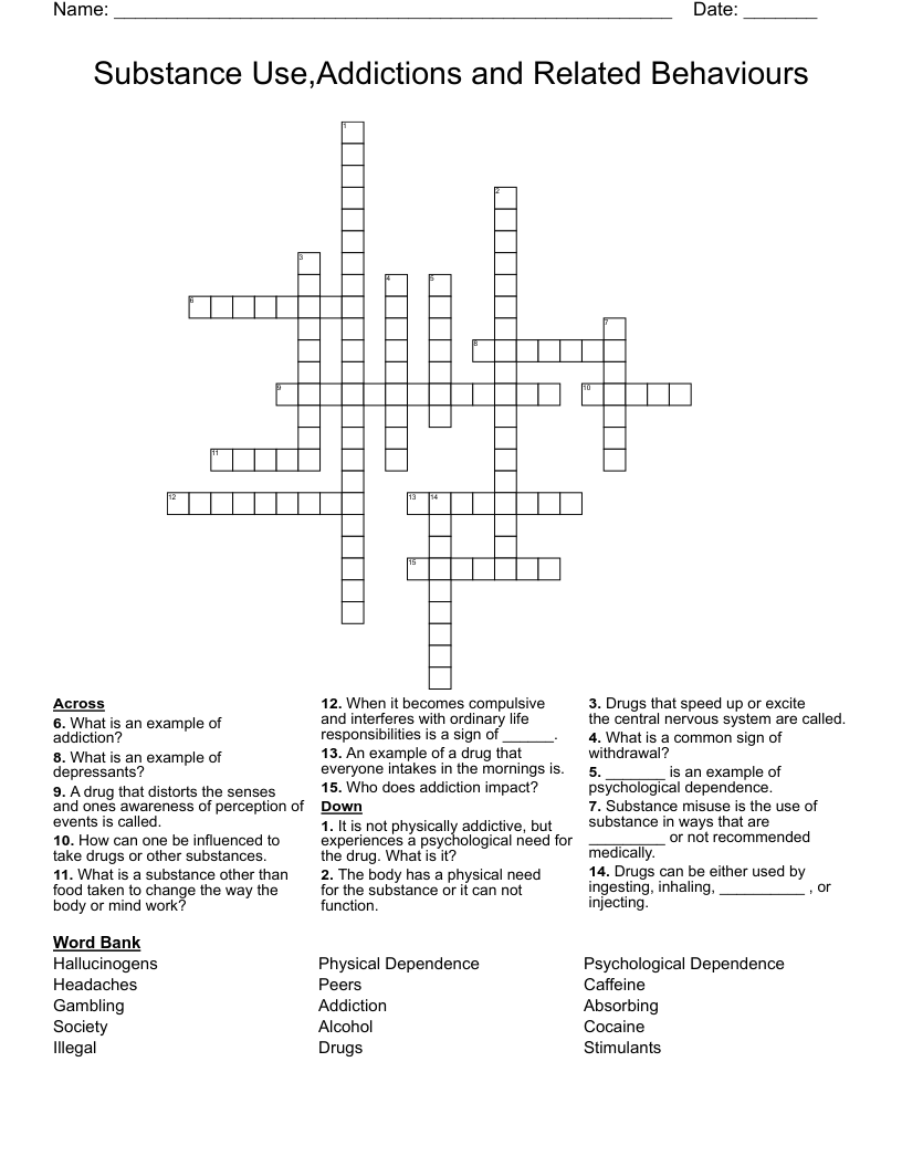 Substance Use,Addictions and Related Behaviours Crossword