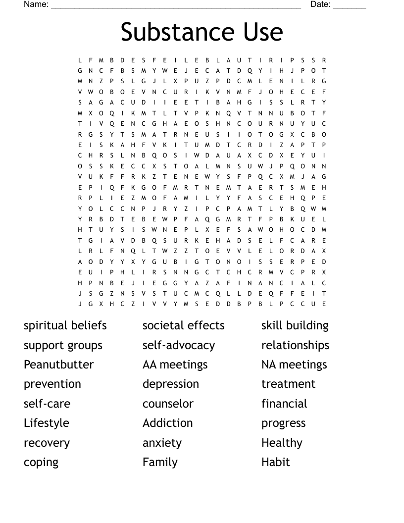 Substance Use Word Search