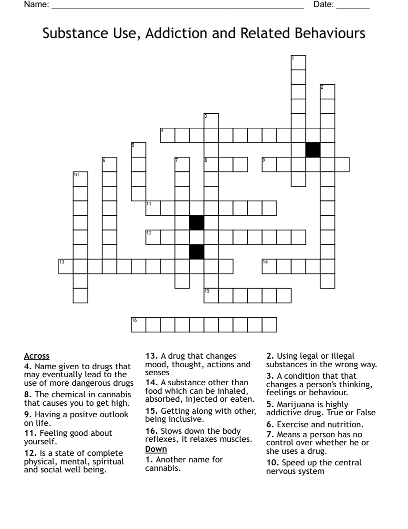 Substance Use, Addiction and Related Behaviours Crossword