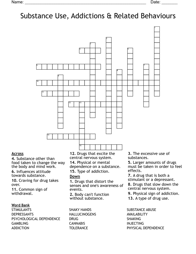 Substance Use, Addictions & Related Behaviours Crossword
