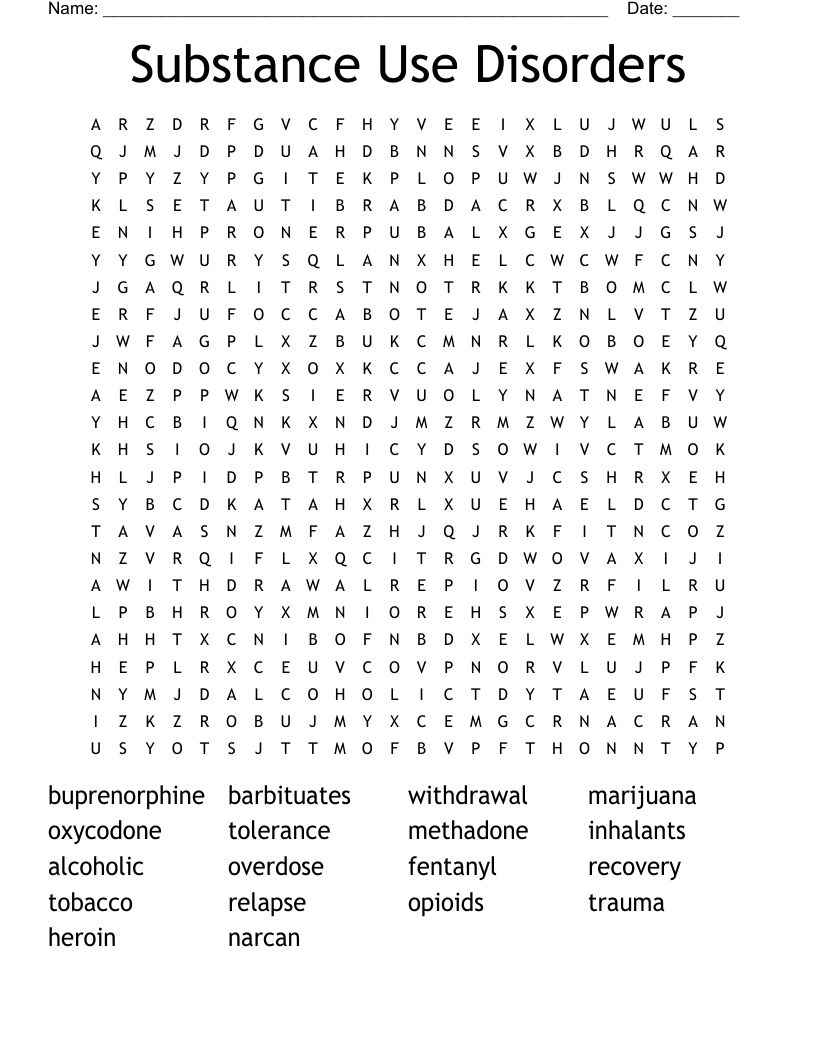 Substance Use Disorders Word Search