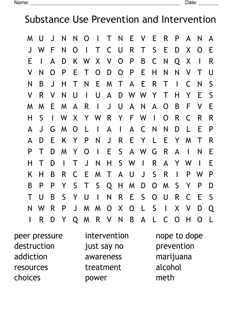 Substance Use Prevention and Intervention Word Search