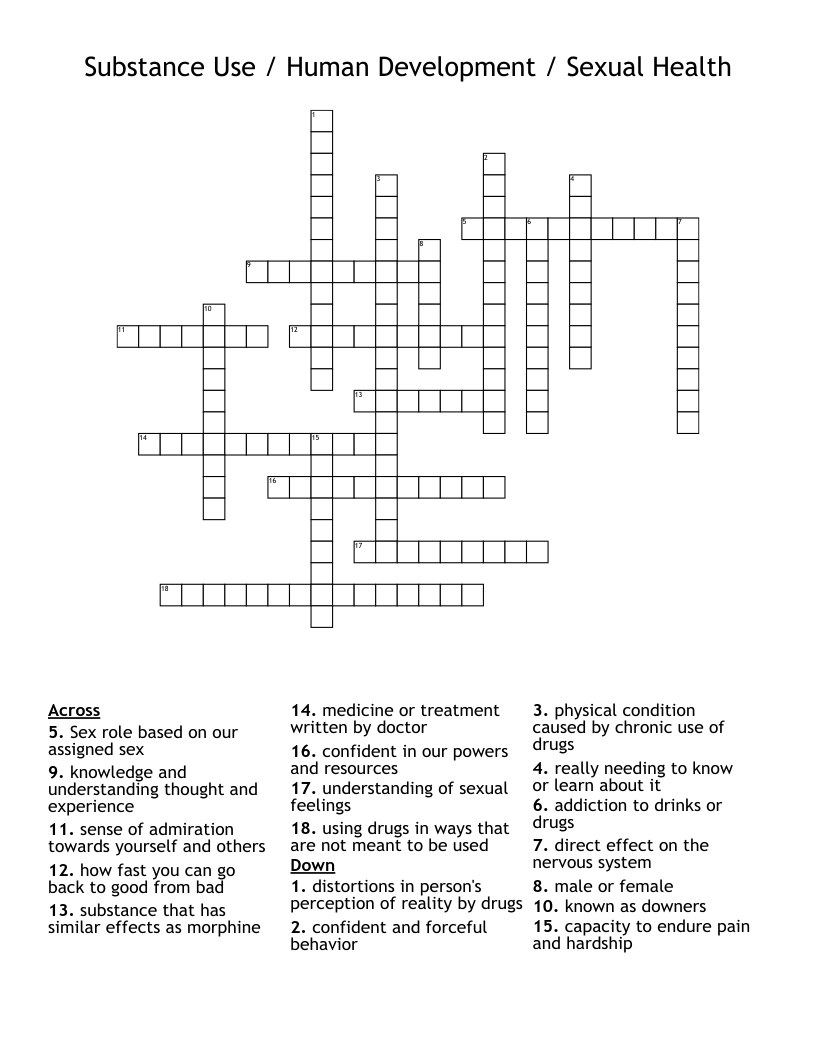 Substance Use / Human Development / Sexual Health Crossword