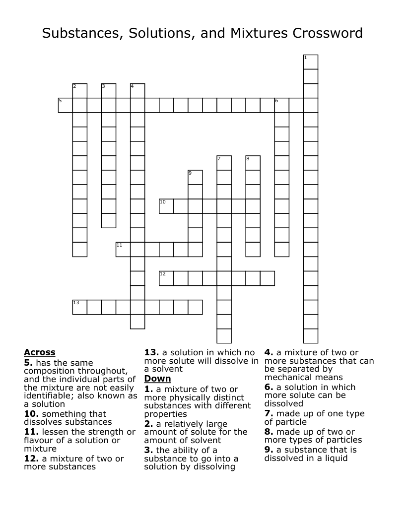 Substances, Solutions, and Mixtures Crossword