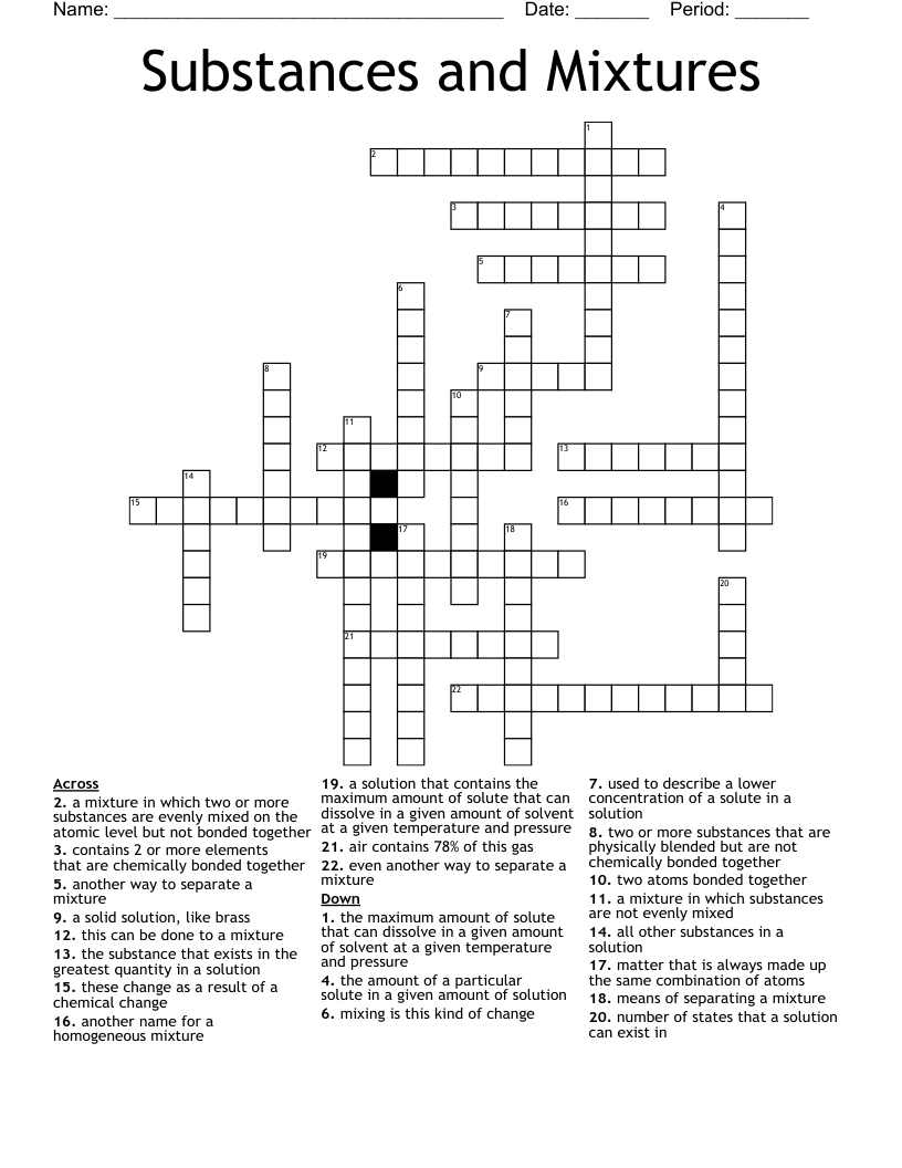 Substances and Mixtures Crossword