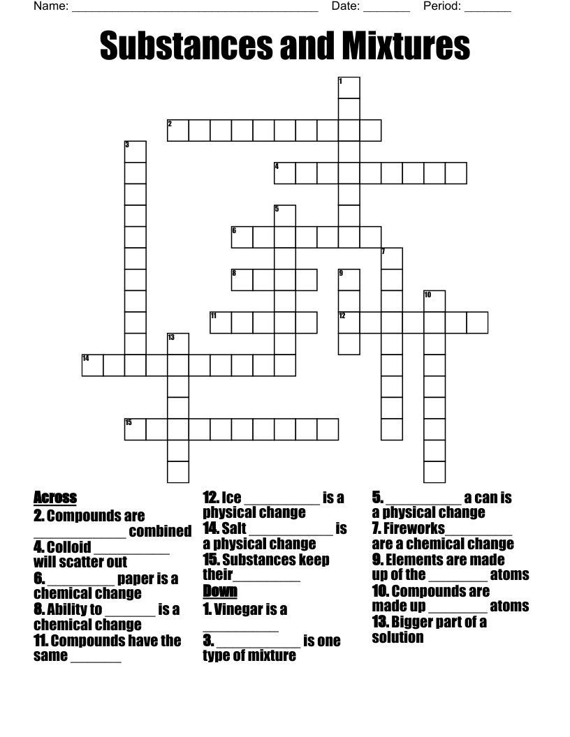 Substances and Mixtures Crossword