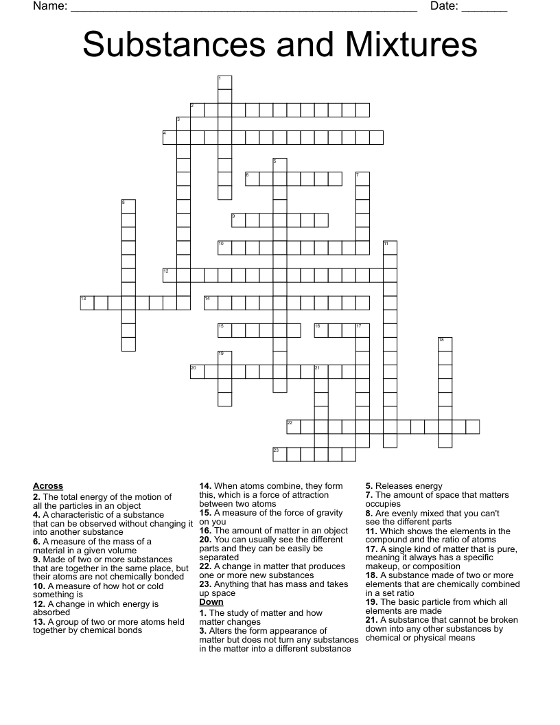 Substances and Mixtures Crossword