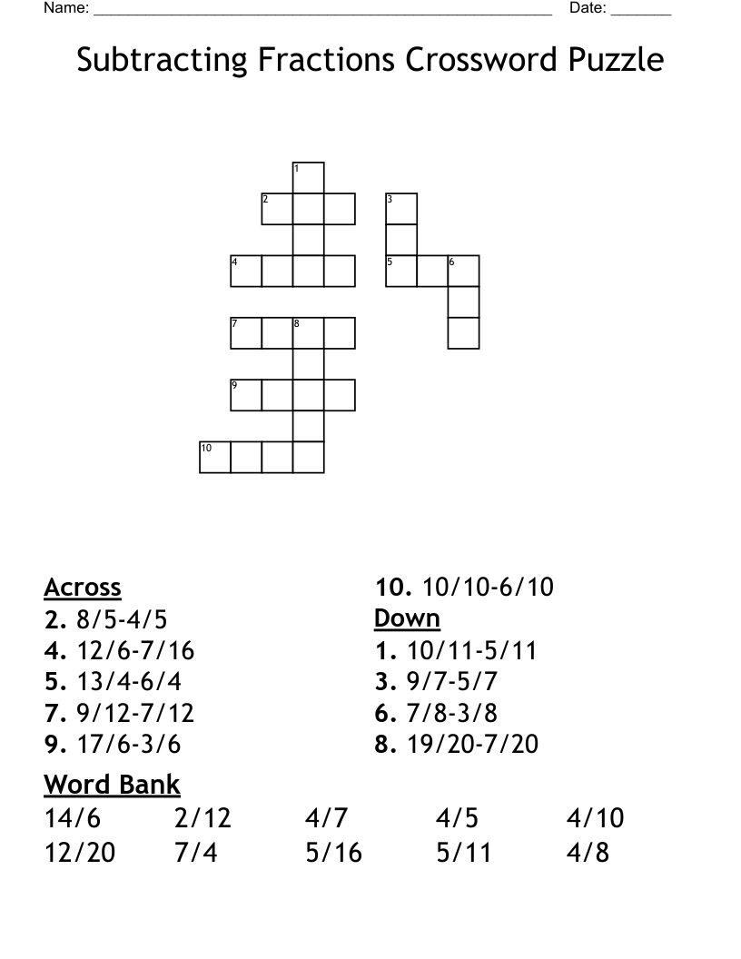 Subtracting Fractions Crossword Puzzle