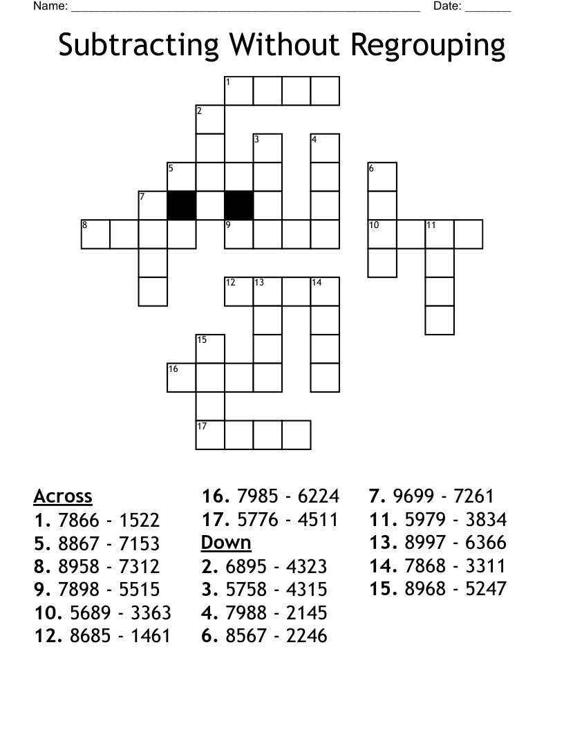 Subtracting Without Regrouping Crossword