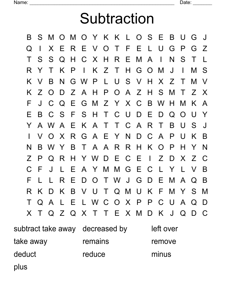 Subtraction Word Search