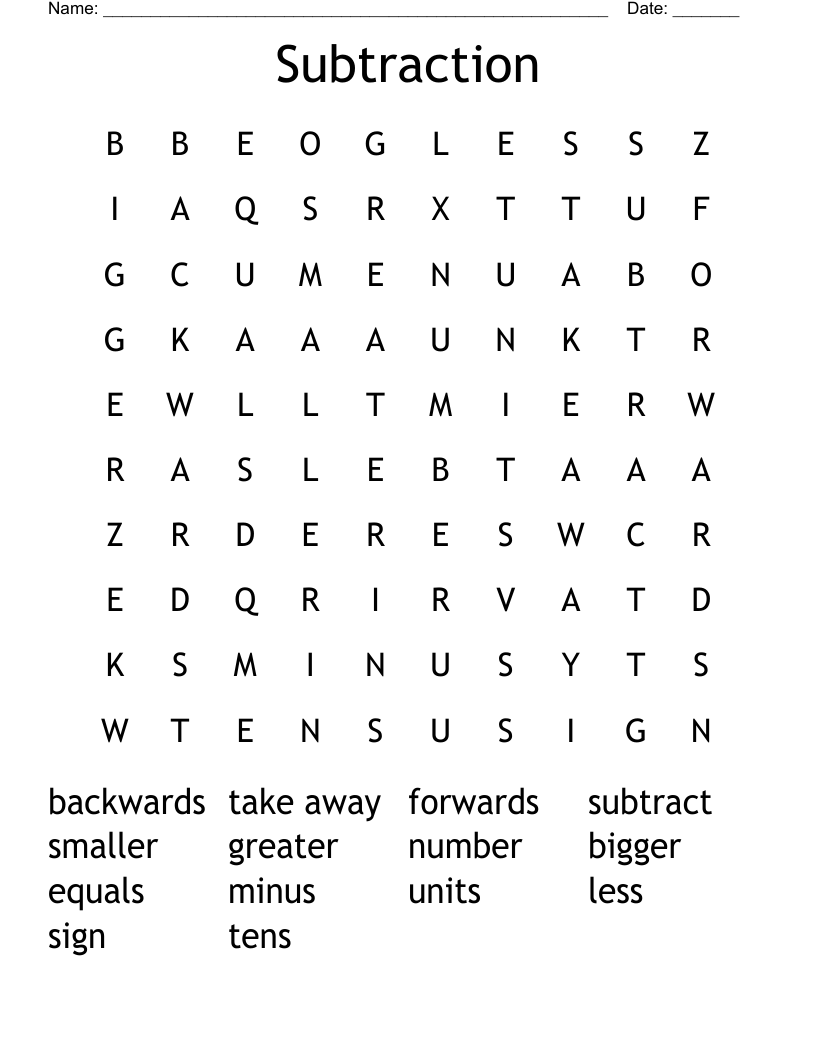 Subtraction Word Search