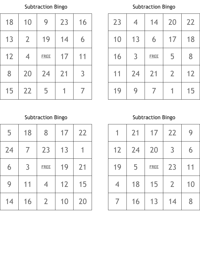 Subtraction Bingo