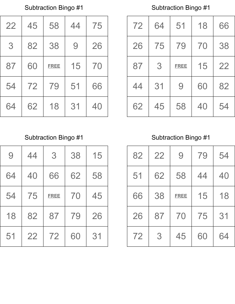 Subtraction Bingo #1