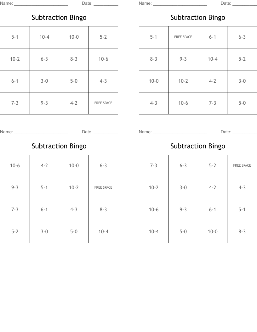 Subtraction Bingo