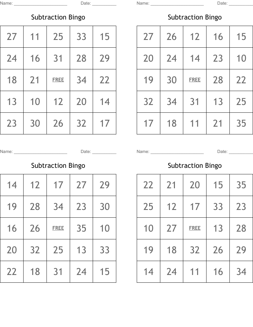 Subtraction Bingo