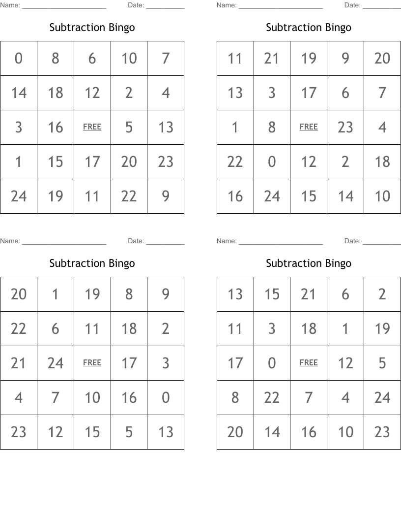 Subtraction Bingo
