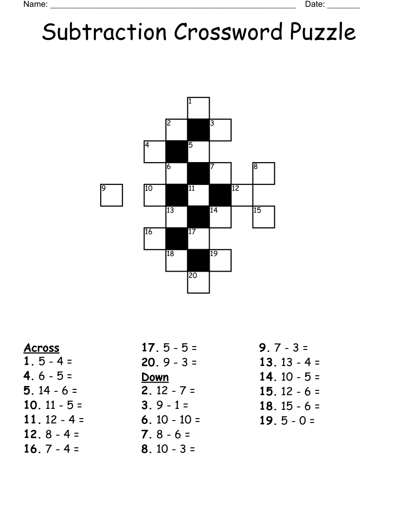 Subtraction Crossword Puzzle