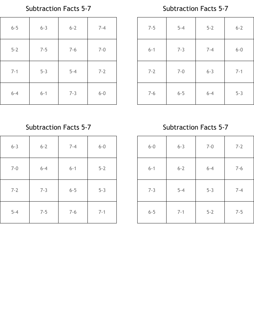 Subtraction Facts 5-7 Bingo Cards