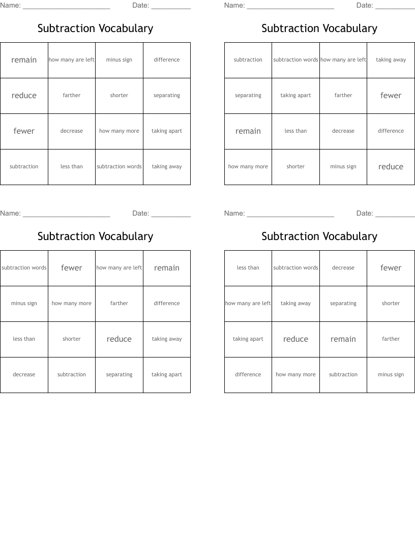 Subtraction Vocabulary Bingo Cards