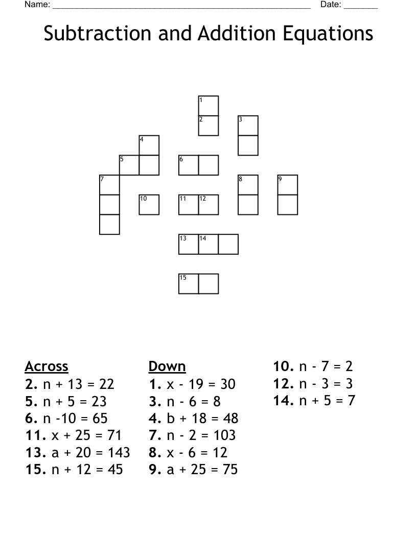 Subtraction and Addition Equations Crossword