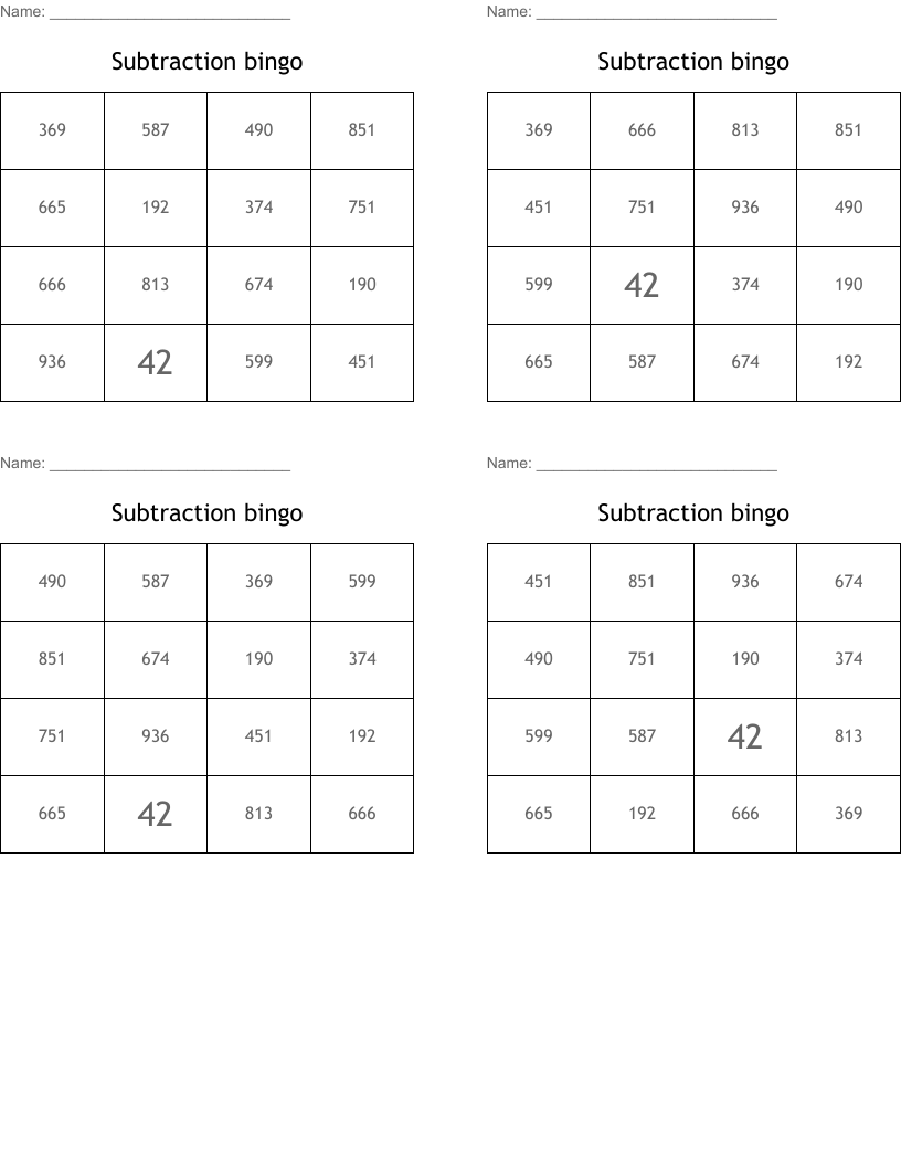 Subtraction bingo
