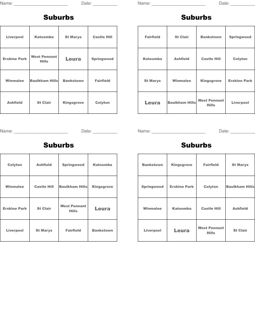 Suburbs Bingo Cards