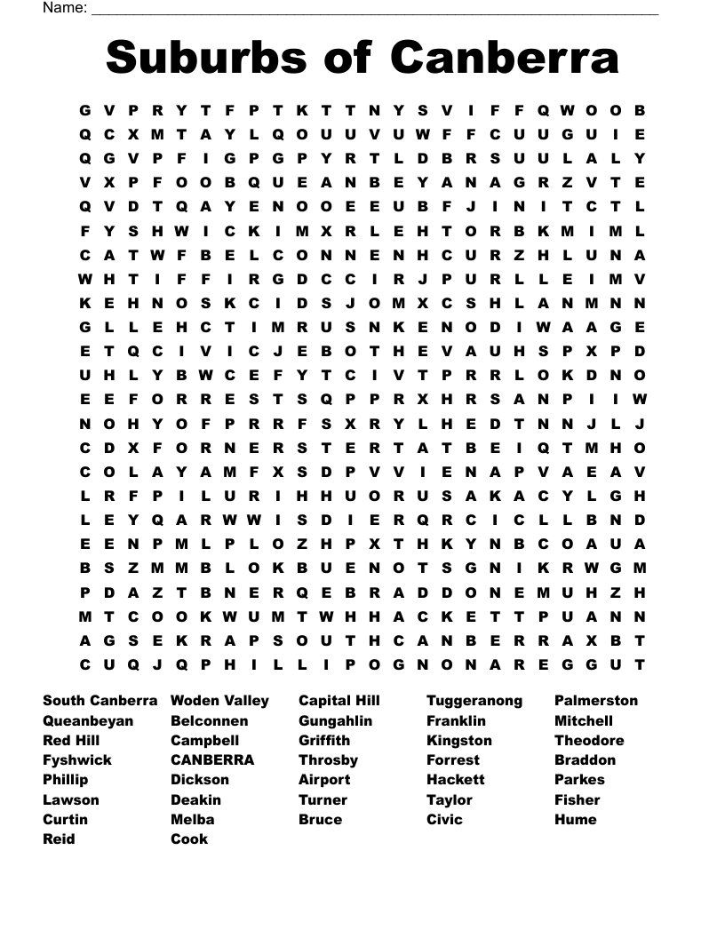 Suburbs of Canberra Word Search