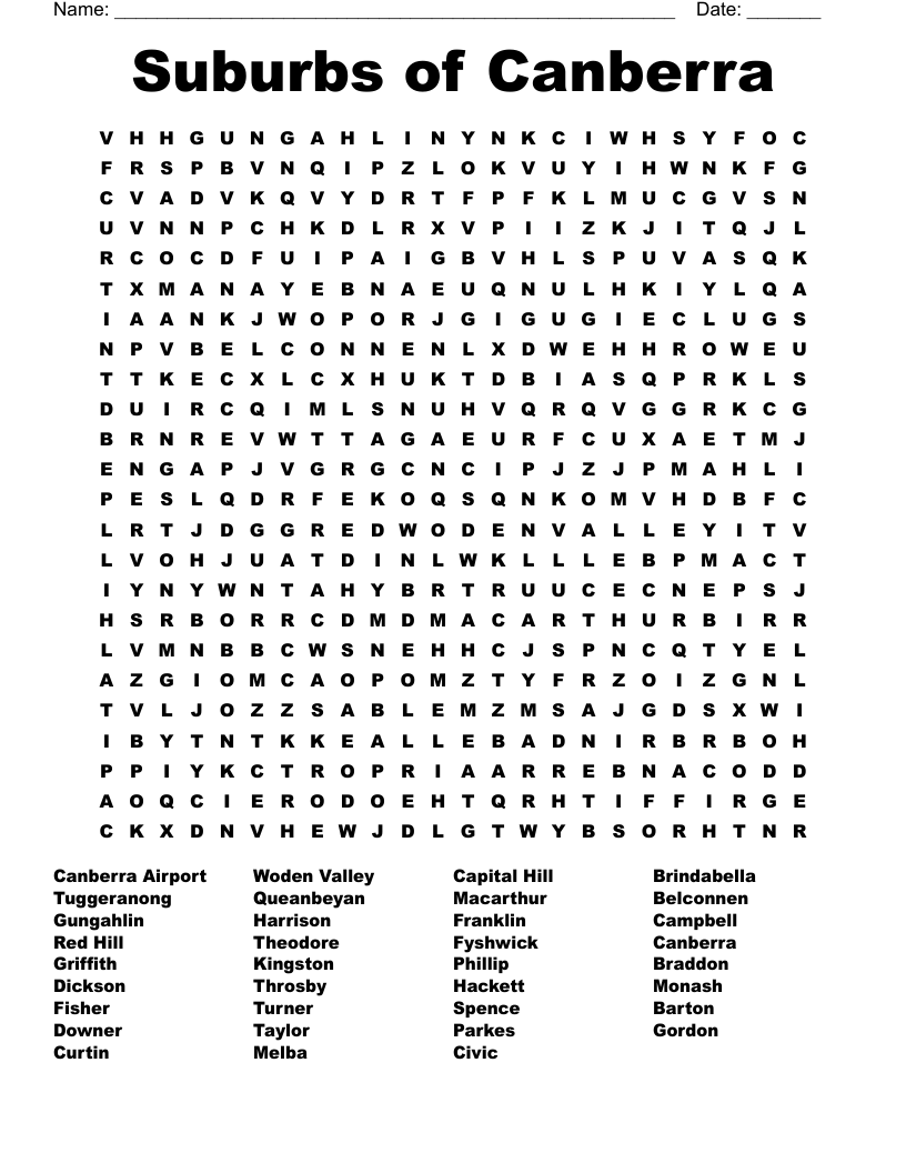 Suburbs of Canberra Word Search