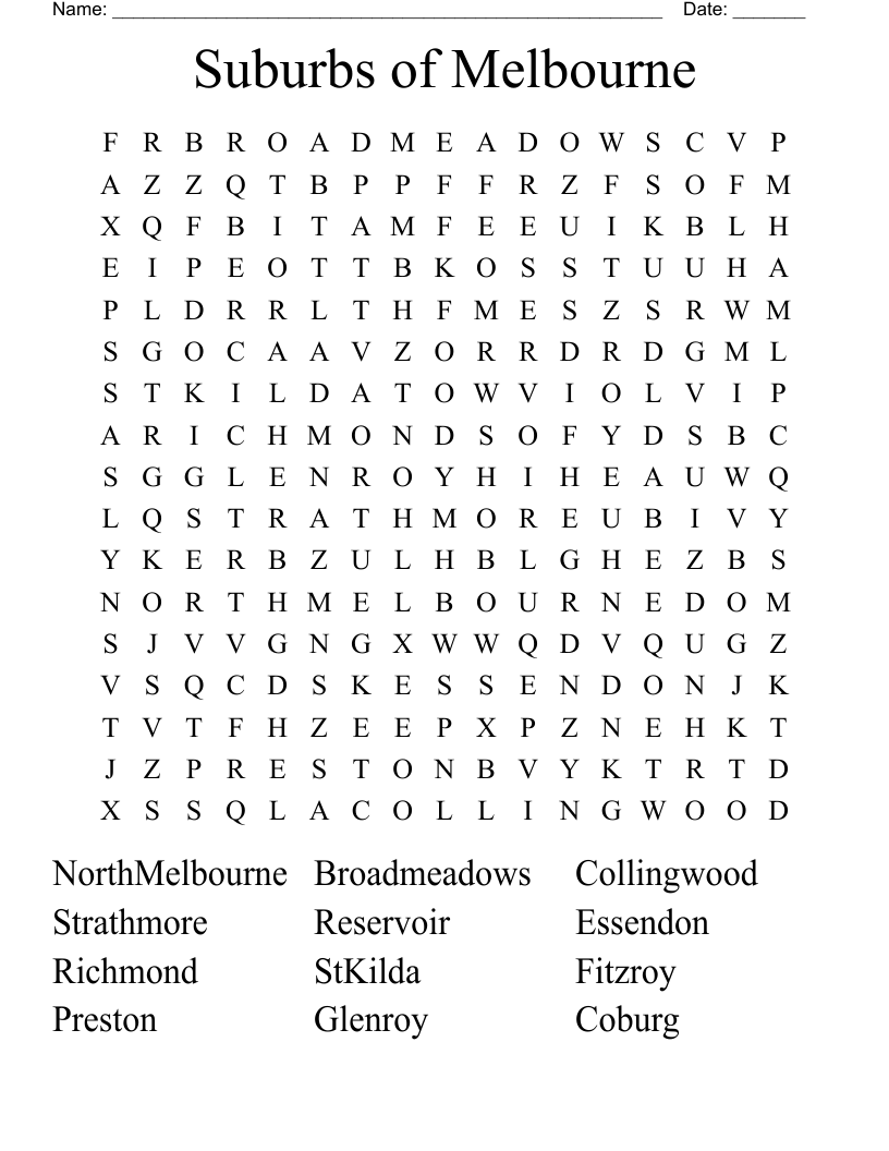 Suburbs of Melbourne Word Search