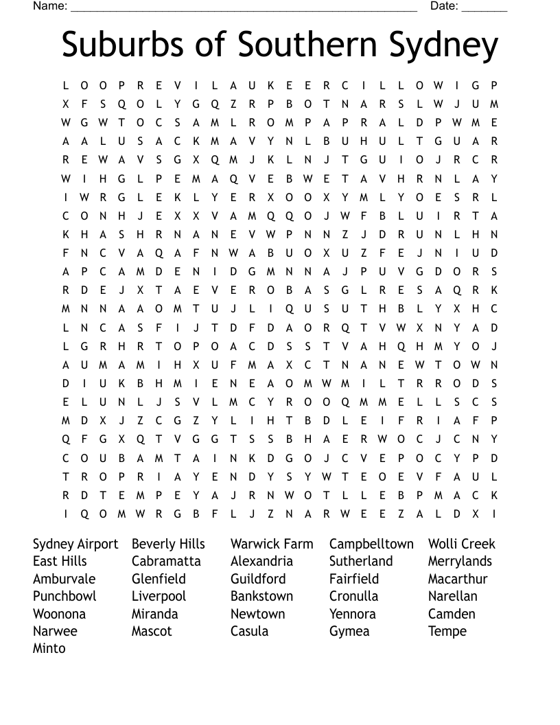 Suburbs of Southern Sydney Word Search