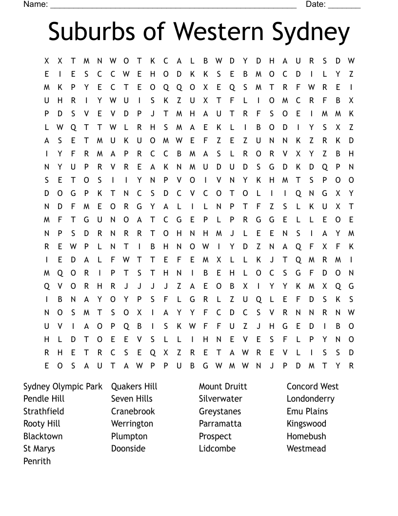 Suburbs of Western Sydney Word Search