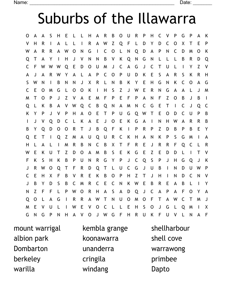 Suburbs of the Illawarra Word Search