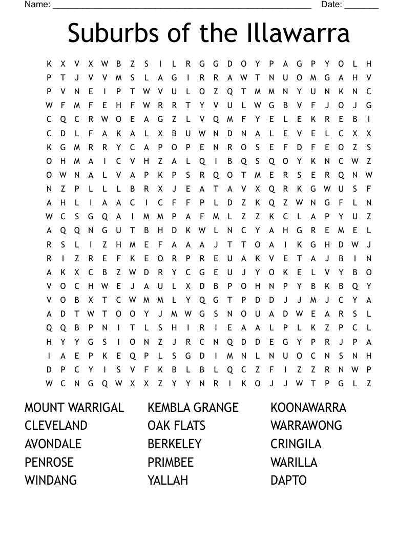 Suburbs of the Illawarra Word Search