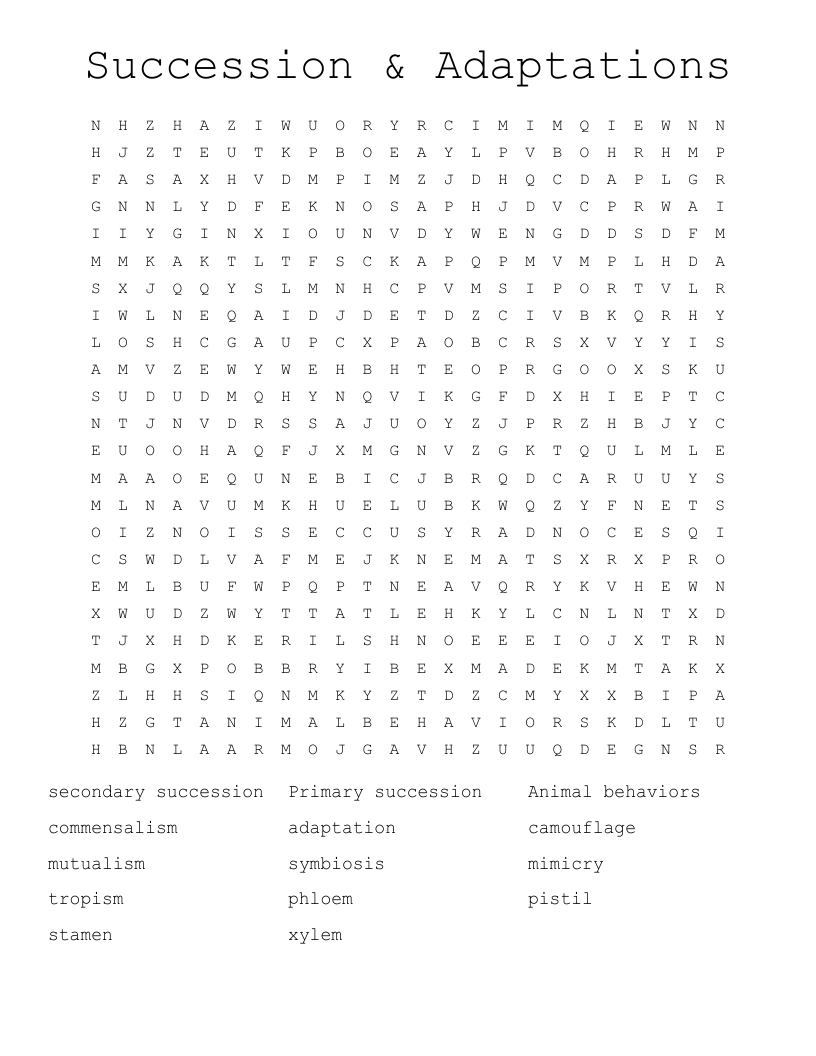 Succession & Adaptations Word Search