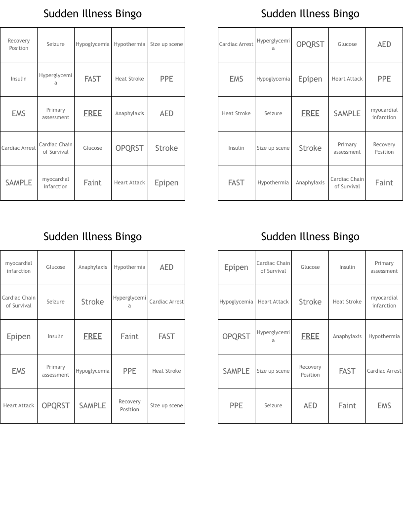 Sudden Illness Bingo