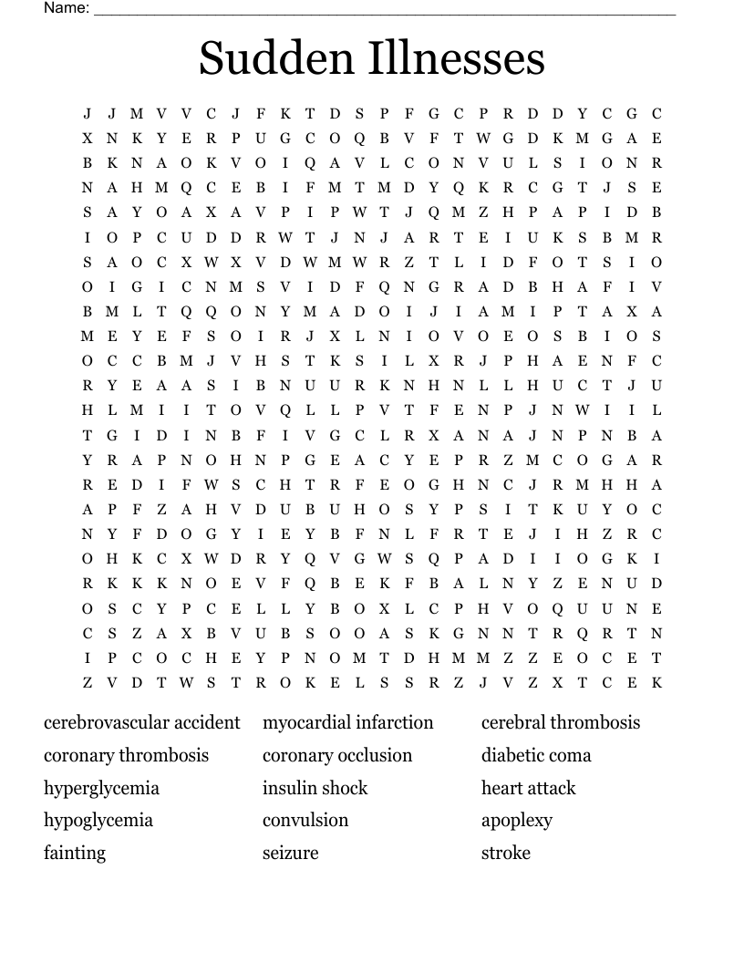 Sudden Illnesses Word Search