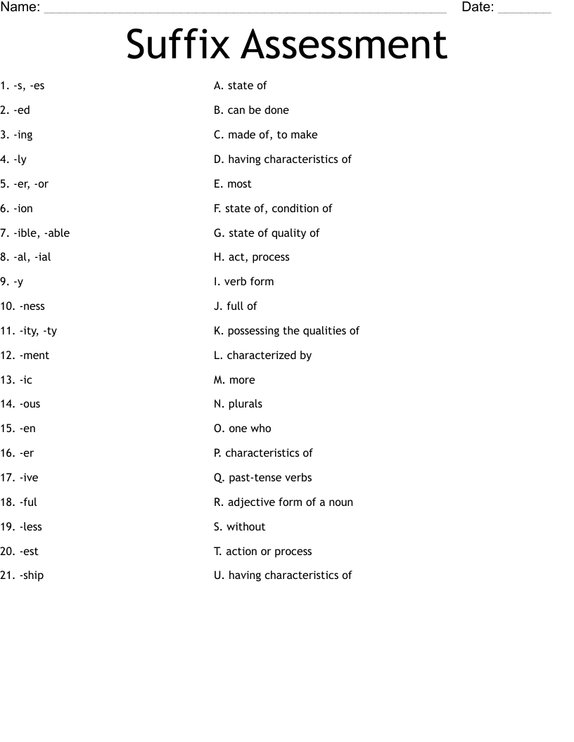 Suffix Assessment Worksheet