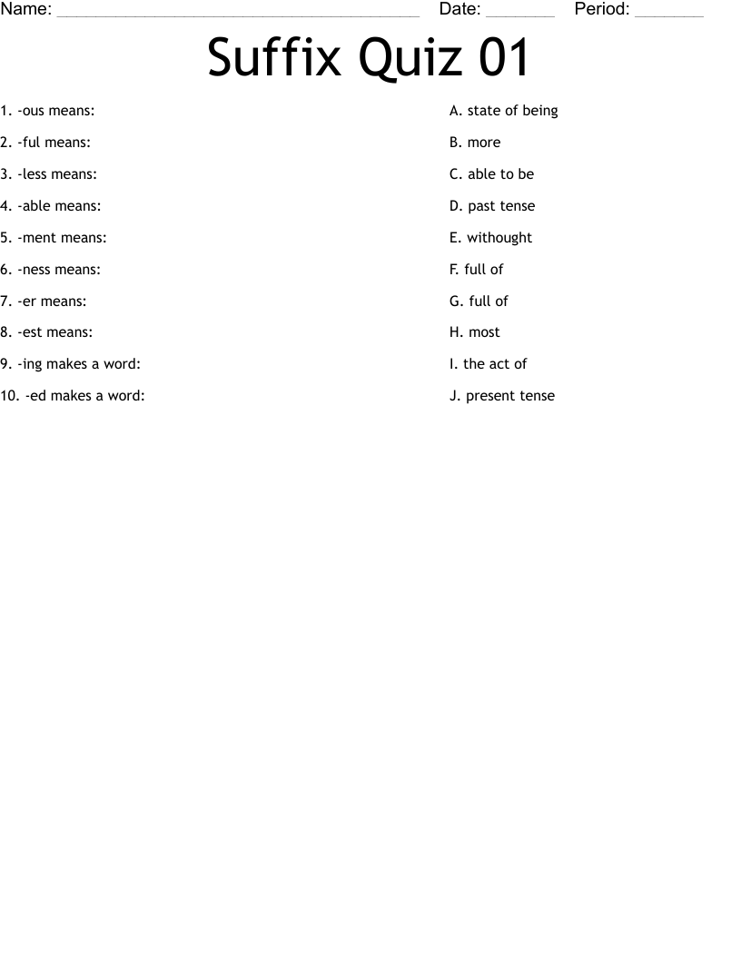 Suffix Quiz 01 Worksheet