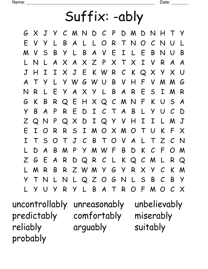 Suffix: -ably Word Search
