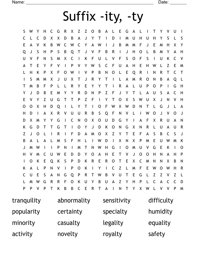 Suffix -ity, -ty Word Search