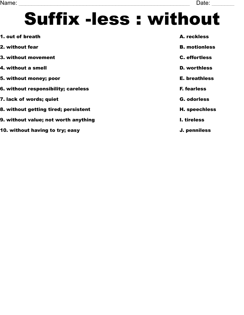 Suffix -less : without Worksheet