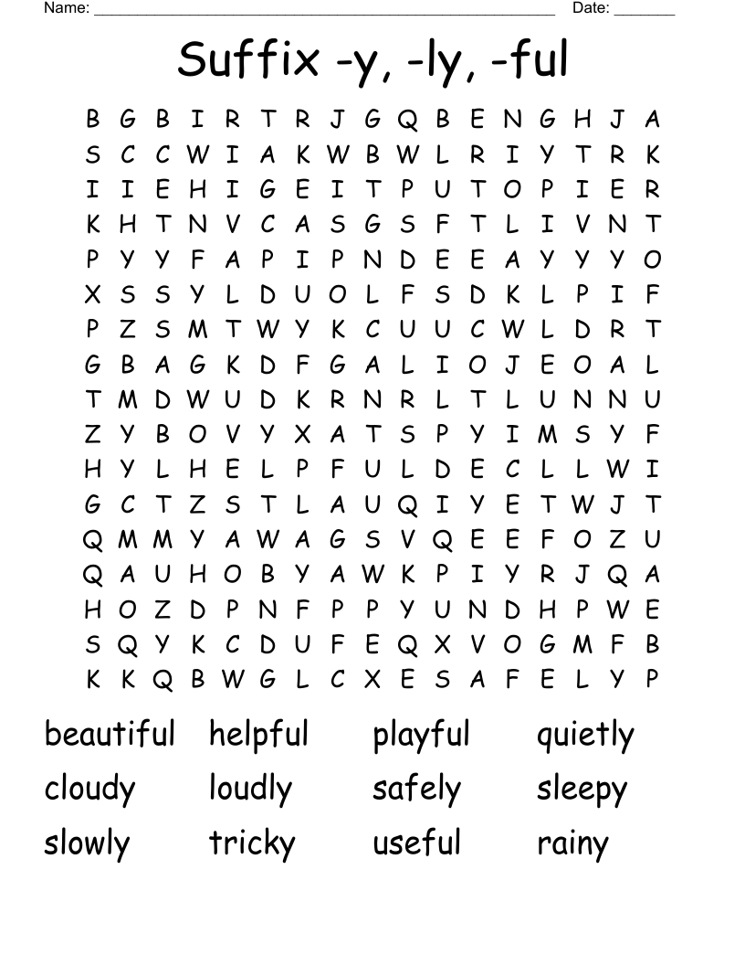 Suffix -y, -ly, -ful Word Search