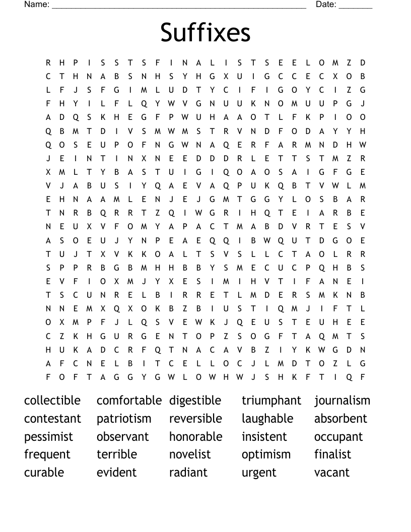 Suffixes Word Search