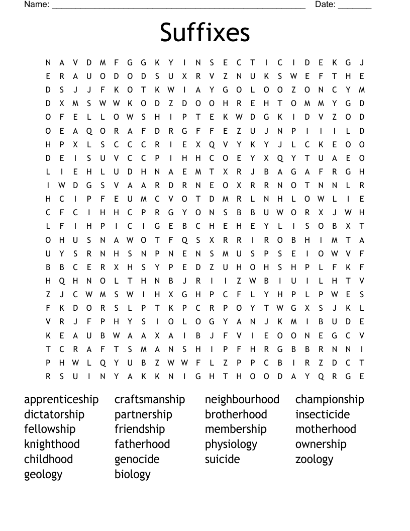 Suffixes Word Search