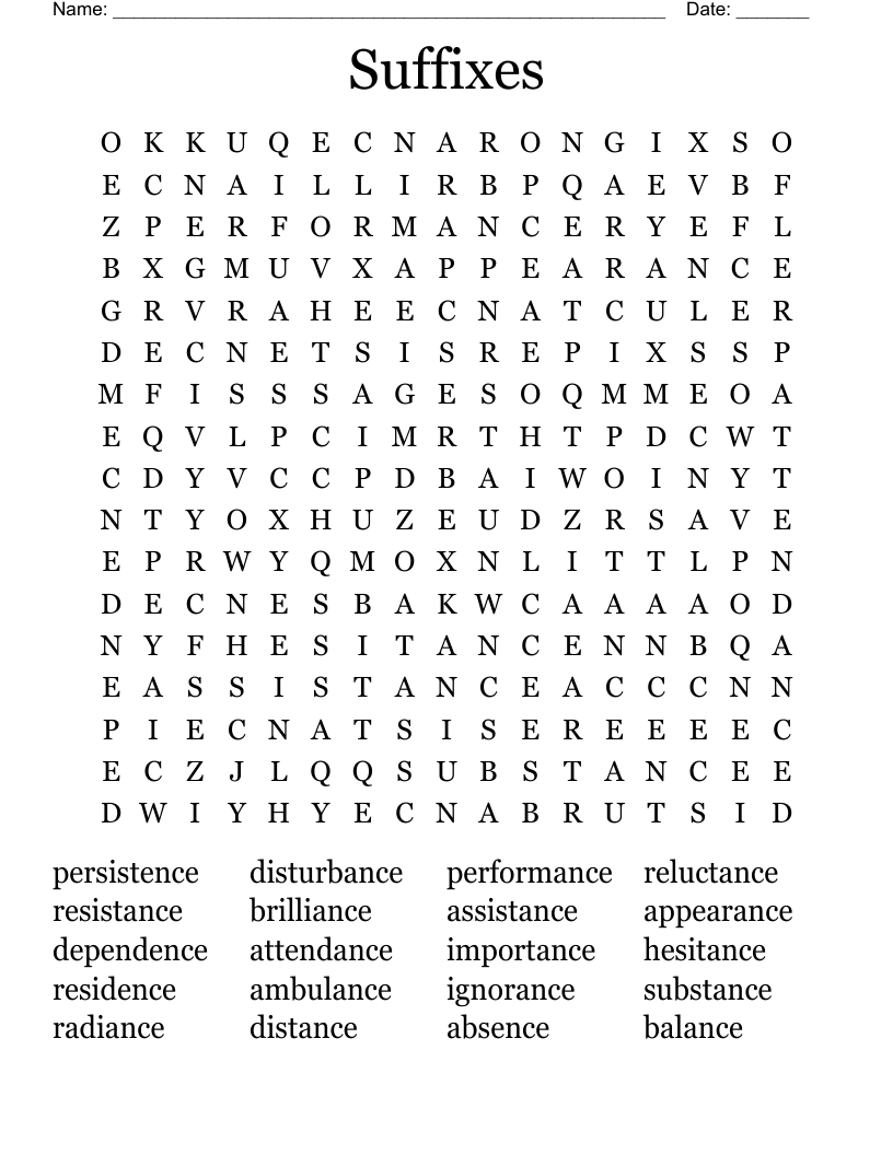 Suffixes Word Search