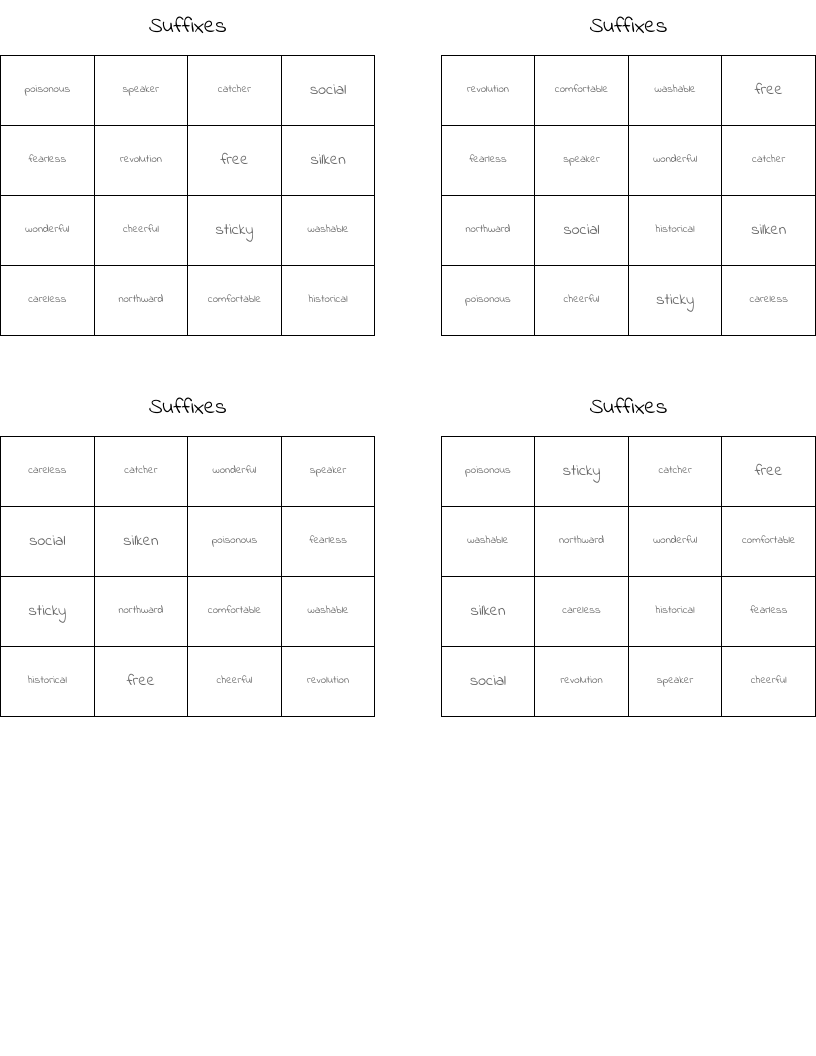 Suffixes Bingo Cards