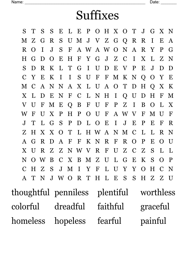 Suffixes Word Search