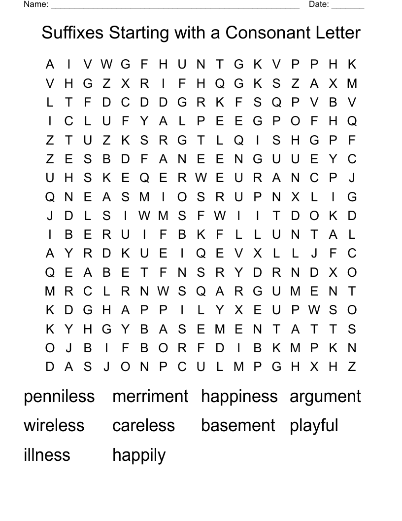 Suffixes Starting with a Consonant Letter Word Search